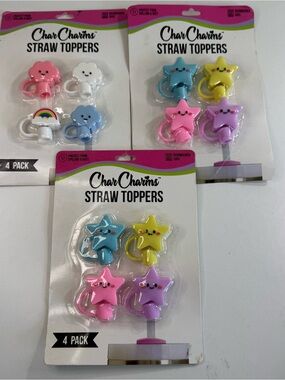 CharCharms Straw Toppers 3 Packs - 12 Total Clouds Rainbow Stars 10mm Stanley